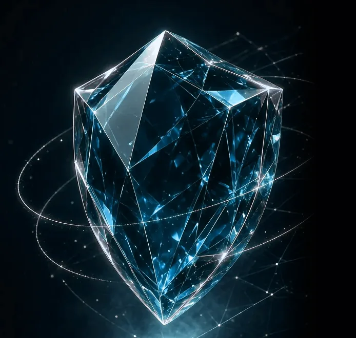 Blue crystal shield surrounded by orbiting rings of light, representing layered IT security